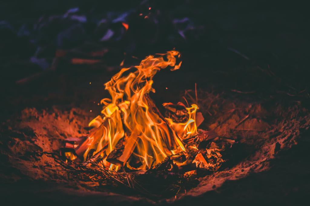 Blazing campfire at night